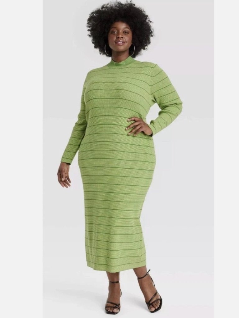 Striped Ribbed Green Mockneck Dress By House Of Aama - Nwt - Xl — image 2 of 4